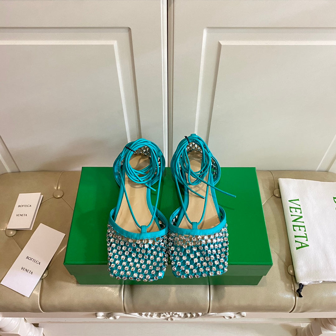 LACE-UP FLAT SANDAL IN CERULEAN BLUE METALLIZED MESH AND LEATHER WITH RHINSTONES - 35