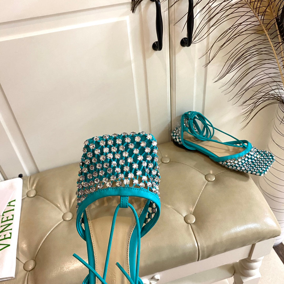 LACE-UP FLAT SANDAL IN CERULEAN BLUE METALLIZED MESH AND LEATHER WITH RHINSTONES - 35