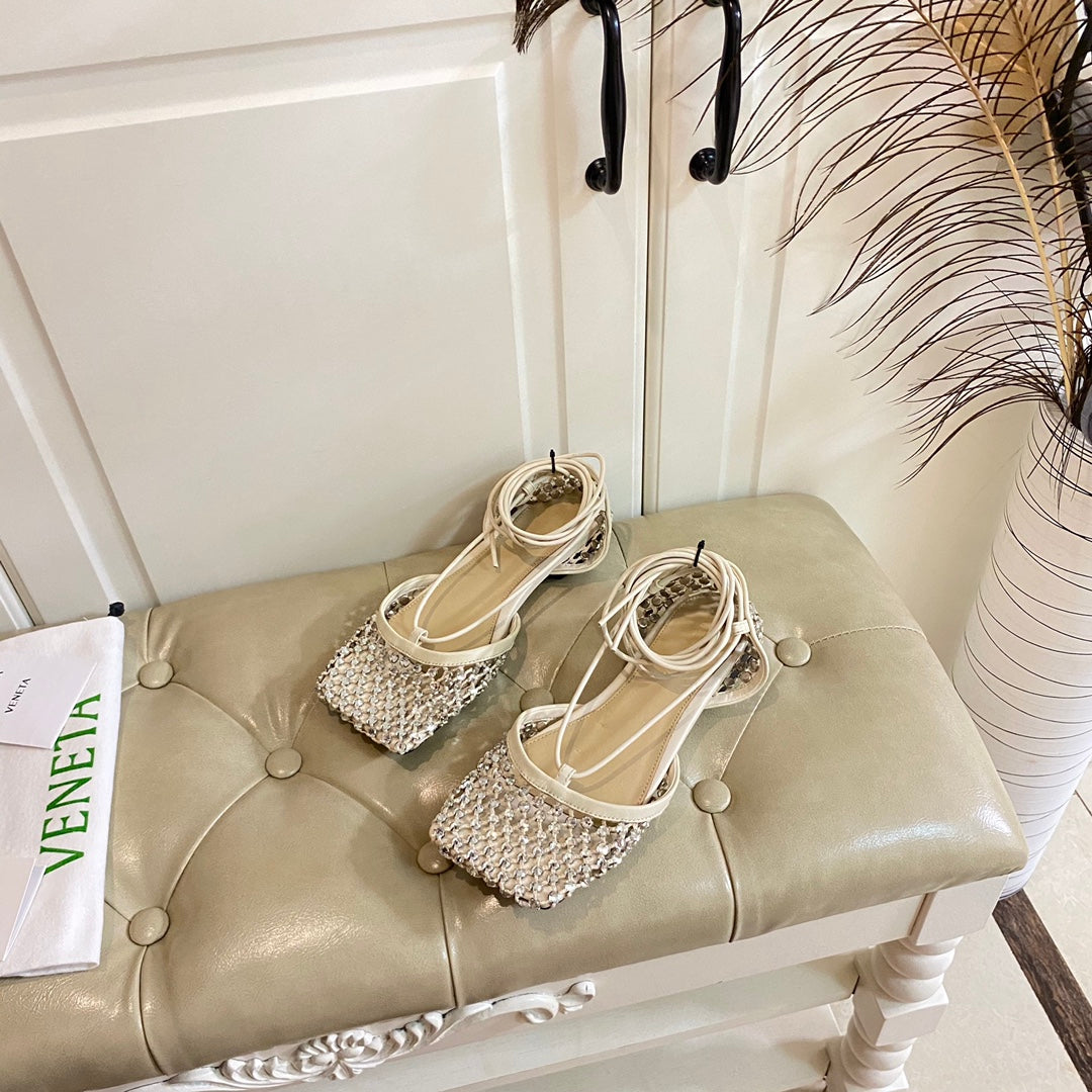 LACE-UP FLAT SANDAL IN WHITE CREAM METALLIZED MESH AND LEATHER WITH RHINSTONES - 35