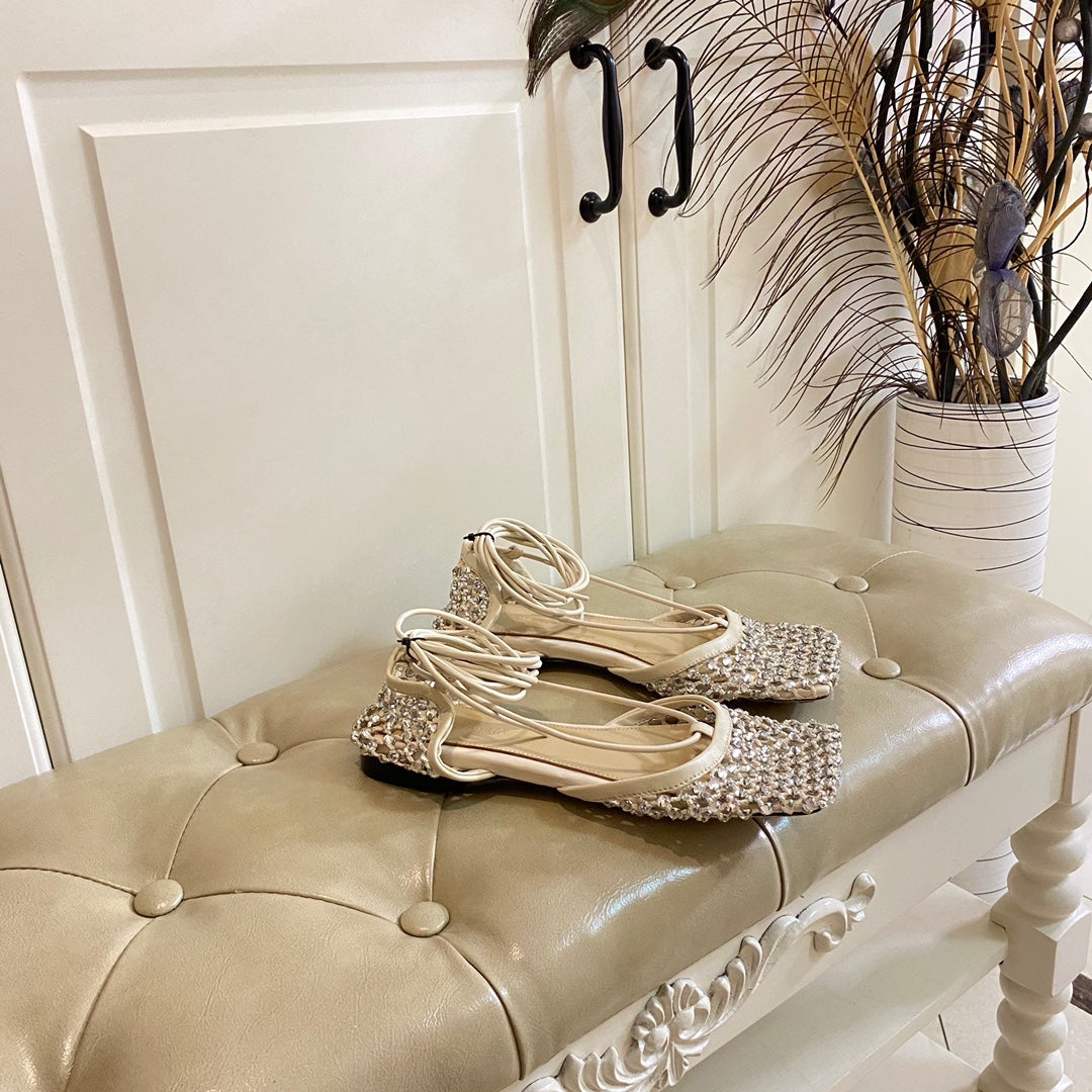 LACE-UP FLAT SANDAL IN WHITE CREAM METALLIZED MESH AND LEATHER WITH RHINSTONES - 35