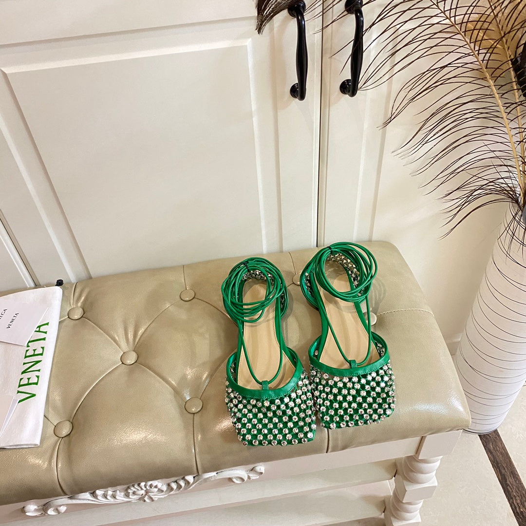 LACE-UP FLAT SANDAL IN COOL GREEN METALLIZED MESH AND LEATHER WITH RHINSTONES - 35