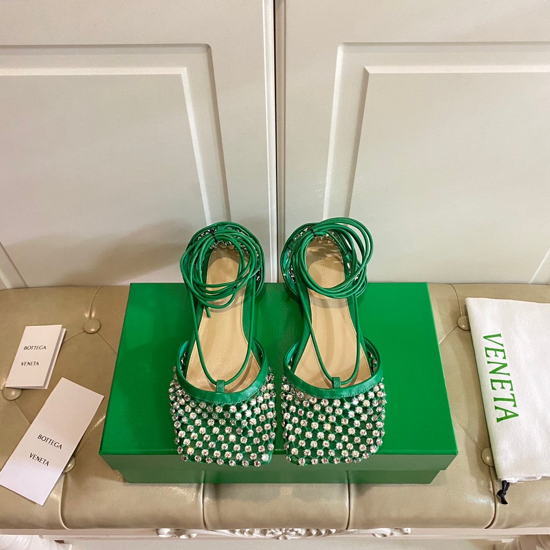 LACE-UP FLAT SANDAL IN COOL GREEN METALLIZED MESH AND LEATHER WITH RHINSTONES - 35