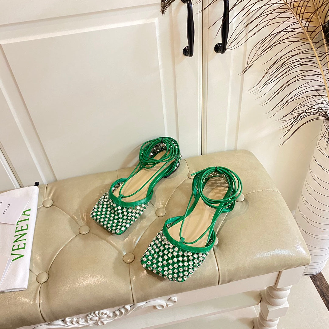 LACE-UP FLAT SANDAL IN COOL GREEN METALLIZED MESH AND LEATHER WITH RHINSTONES - 35