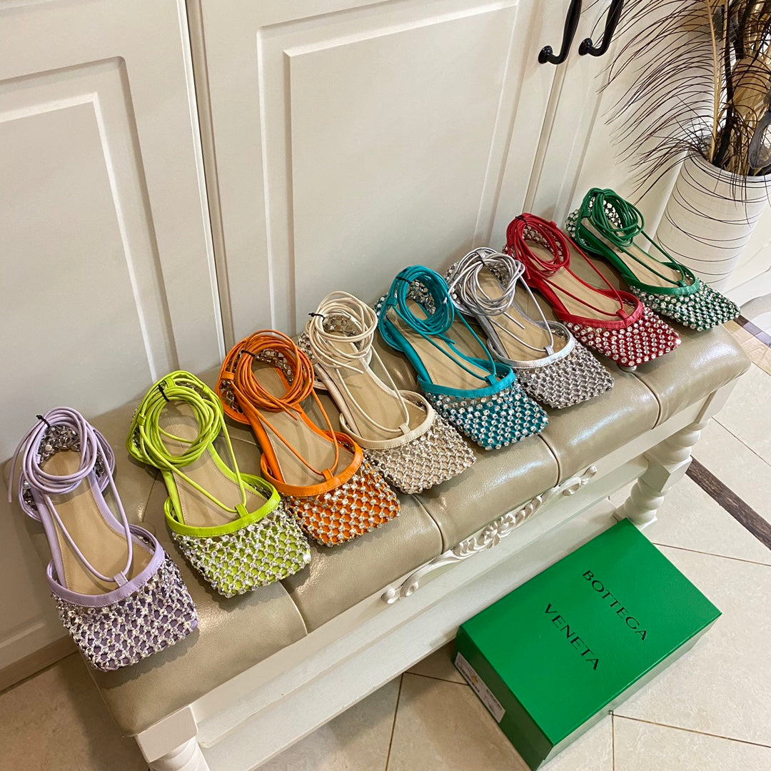 LACE-UP FLAT SANDAL IN COOL GREEN METALLIZED MESH AND LEATHER WITH RHINSTONES - 35
