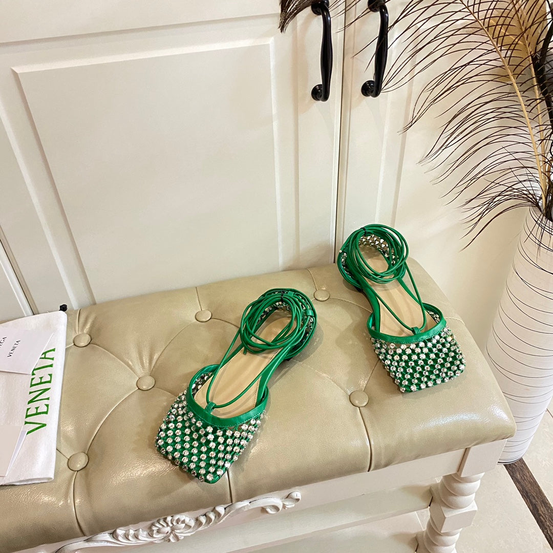 LACE-UP FLAT SANDAL IN COOL GREEN METALLIZED MESH AND LEATHER WITH RHINSTONES - 35