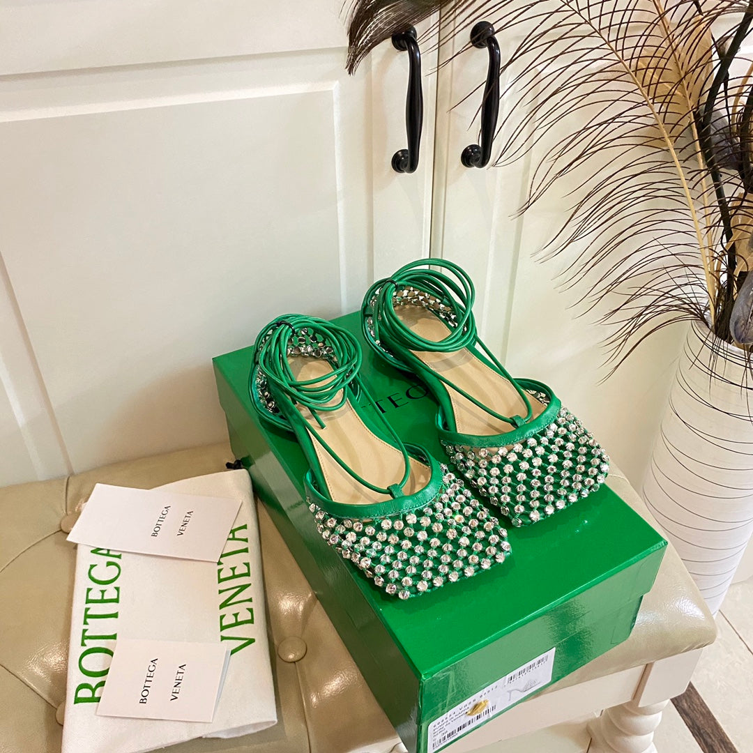 LACE-UP FLAT SANDAL IN COOL GREEN METALLIZED MESH AND LEATHER WITH RHINSTONES - 35