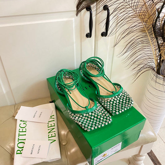 LACE-UP FLAT SANDAL IN COOL GREEN METALLIZED MESH AND LEATHER WITH RHINSTONES - 35