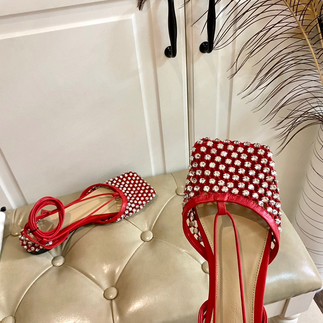 LACE-UP FLAT SANDAL IN RUBY RED METALLIZED MESH AND LEATHER WITH RHINSTONES - 35