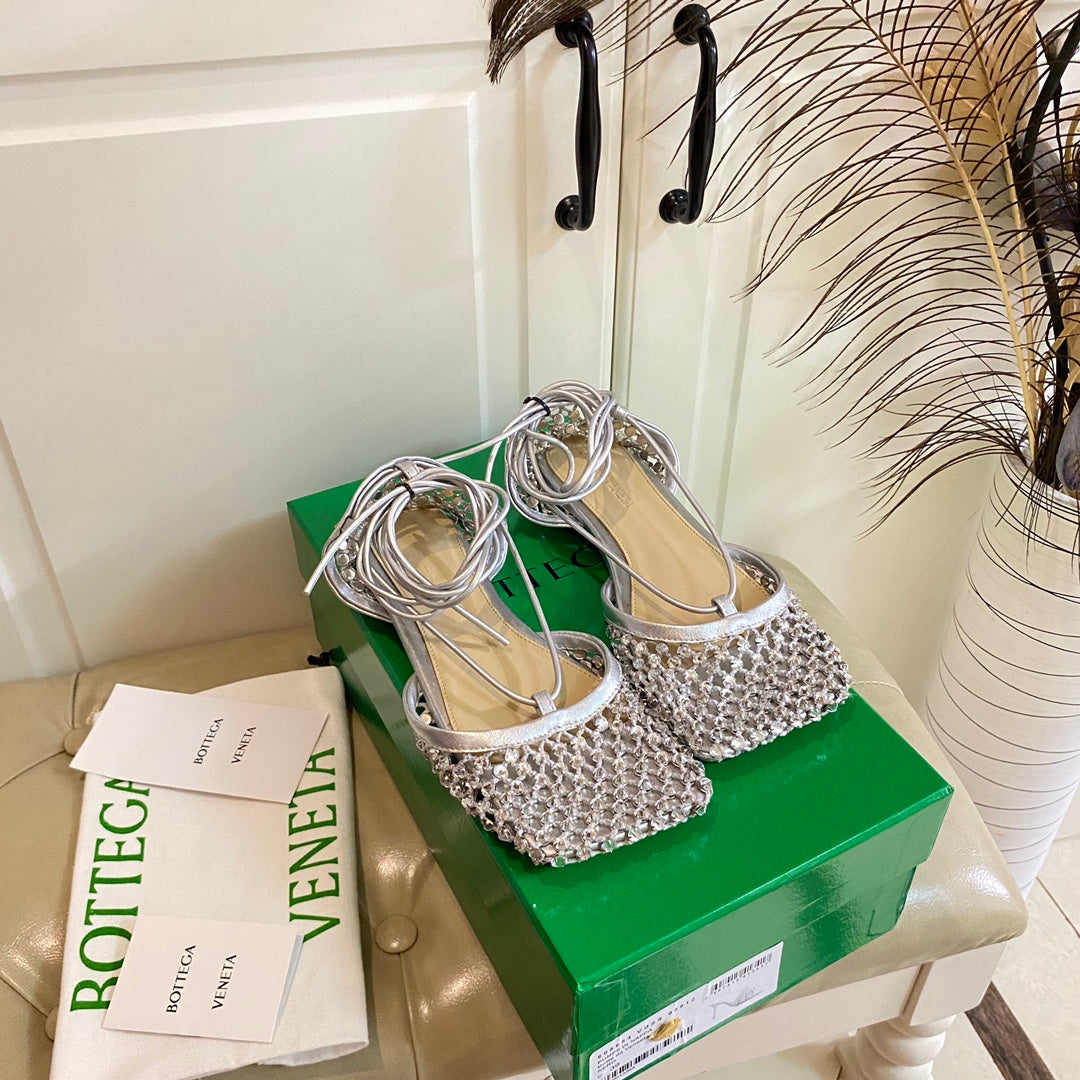 LACE-UP FLAT SANDAL IN SILVER METALLIZED MESH AND LEATHER WITH RHINSTONES - 35