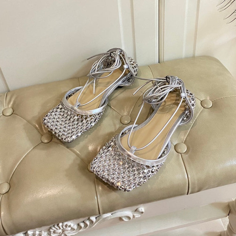 LACE-UP FLAT SANDAL IN SILVER METALLIZED MESH AND LEATHER WITH RHINSTONES - 35