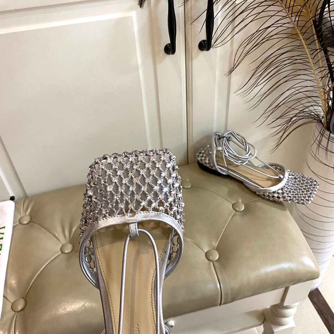 LACE-UP FLAT SANDAL IN SILVER METALLIZED MESH AND LEATHER WITH RHINSTONES - 35
