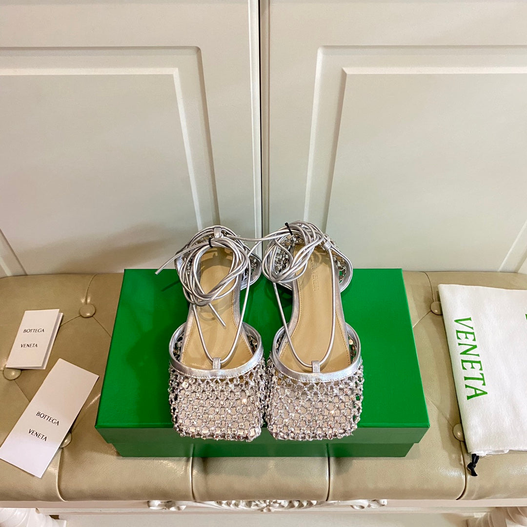 LACE-UP FLAT SANDAL IN SILVER METALLIZED MESH AND LEATHER WITH RHINSTONES - 35