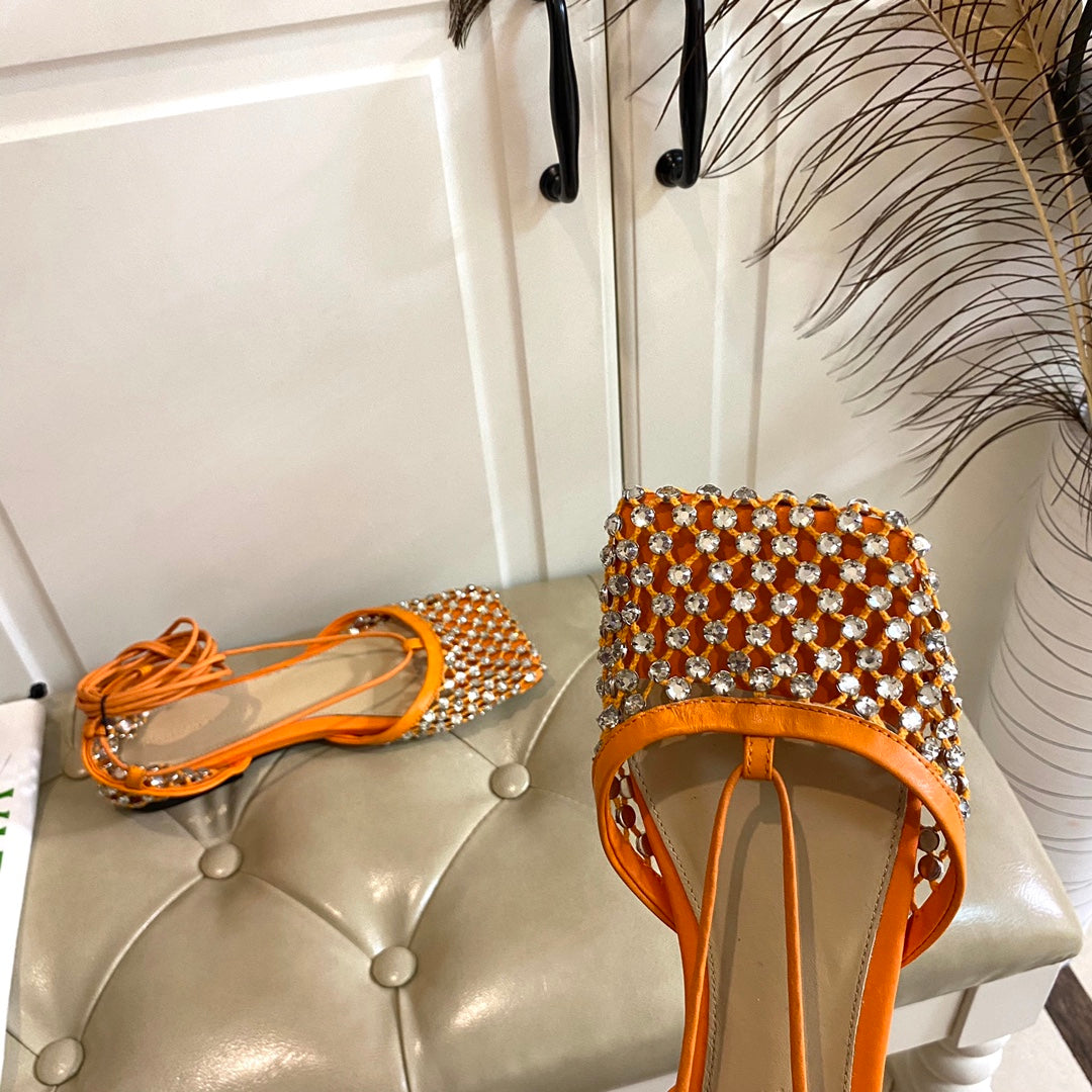 LACE-UP FLAT SANDAL IN VIVID ORANGE METALLIZED MESH AND LEATHER WITH RHINSTONES - 35