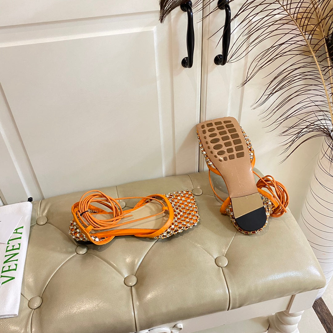 LACE-UP FLAT SANDAL IN VIVID ORANGE METALLIZED MESH AND LEATHER WITH RHINSTONES - 35