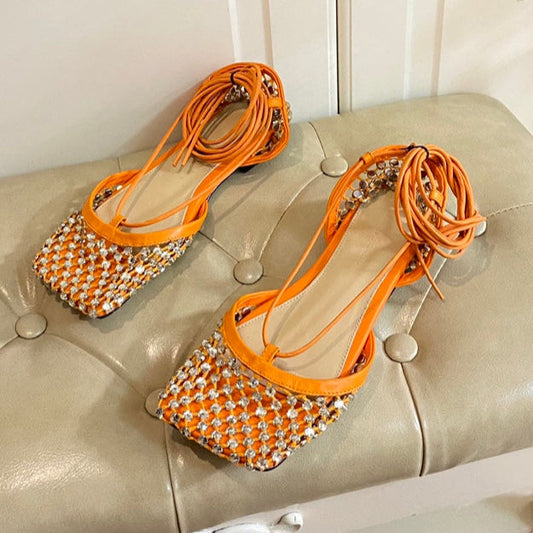 LACE-UP FLAT SANDAL IN VIVID ORANGE METALLIZED MESH AND LEATHER WITH RHINSTONES - 35