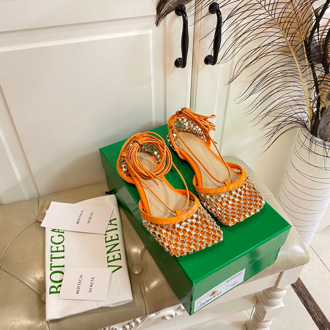 LACE-UP FLAT SANDAL IN VIVID ORANGE METALLIZED MESH AND LEATHER WITH RHINSTONES - 35