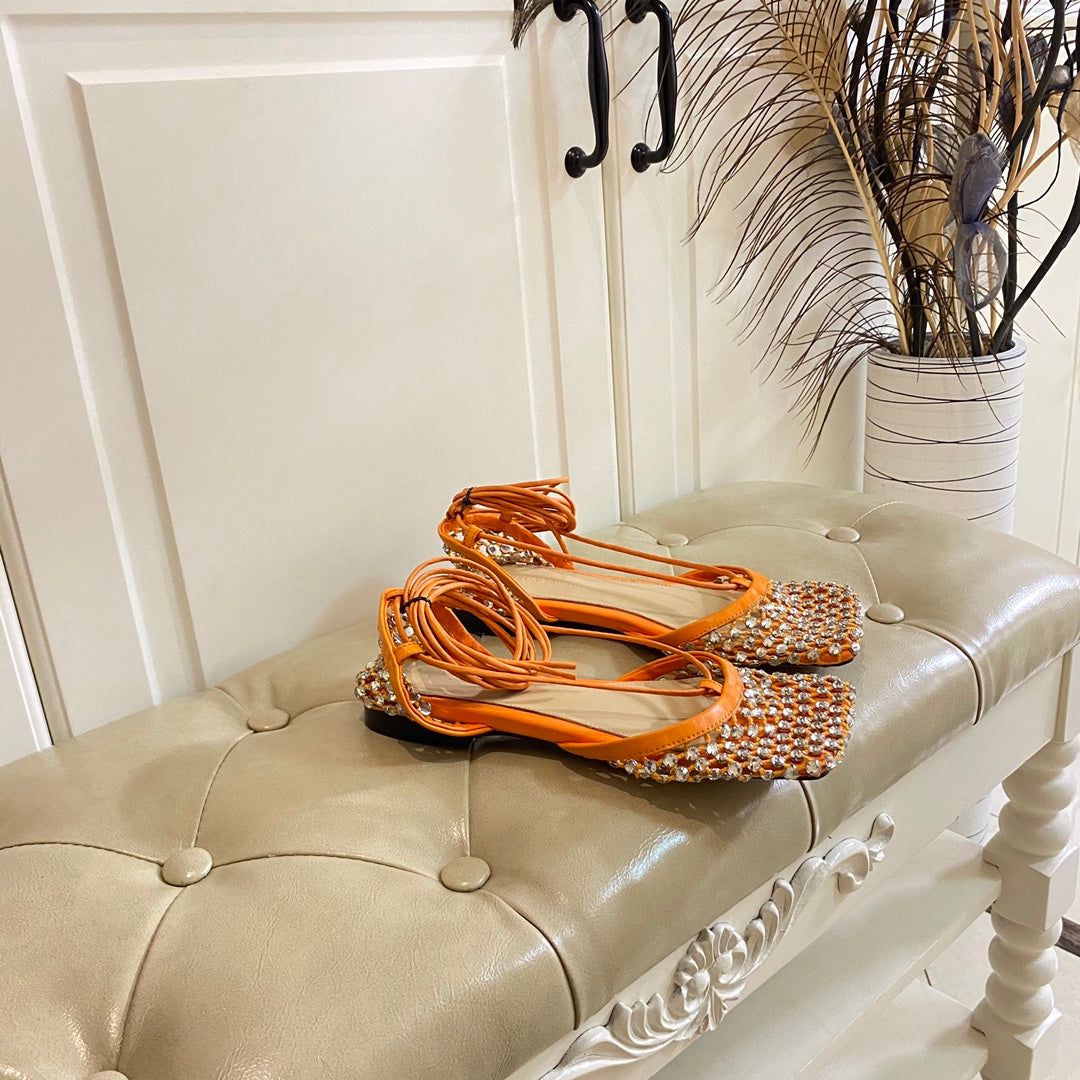 LACE-UP FLAT SANDAL IN VIVID ORANGE METALLIZED MESH AND LEATHER WITH RHINSTONES - 35