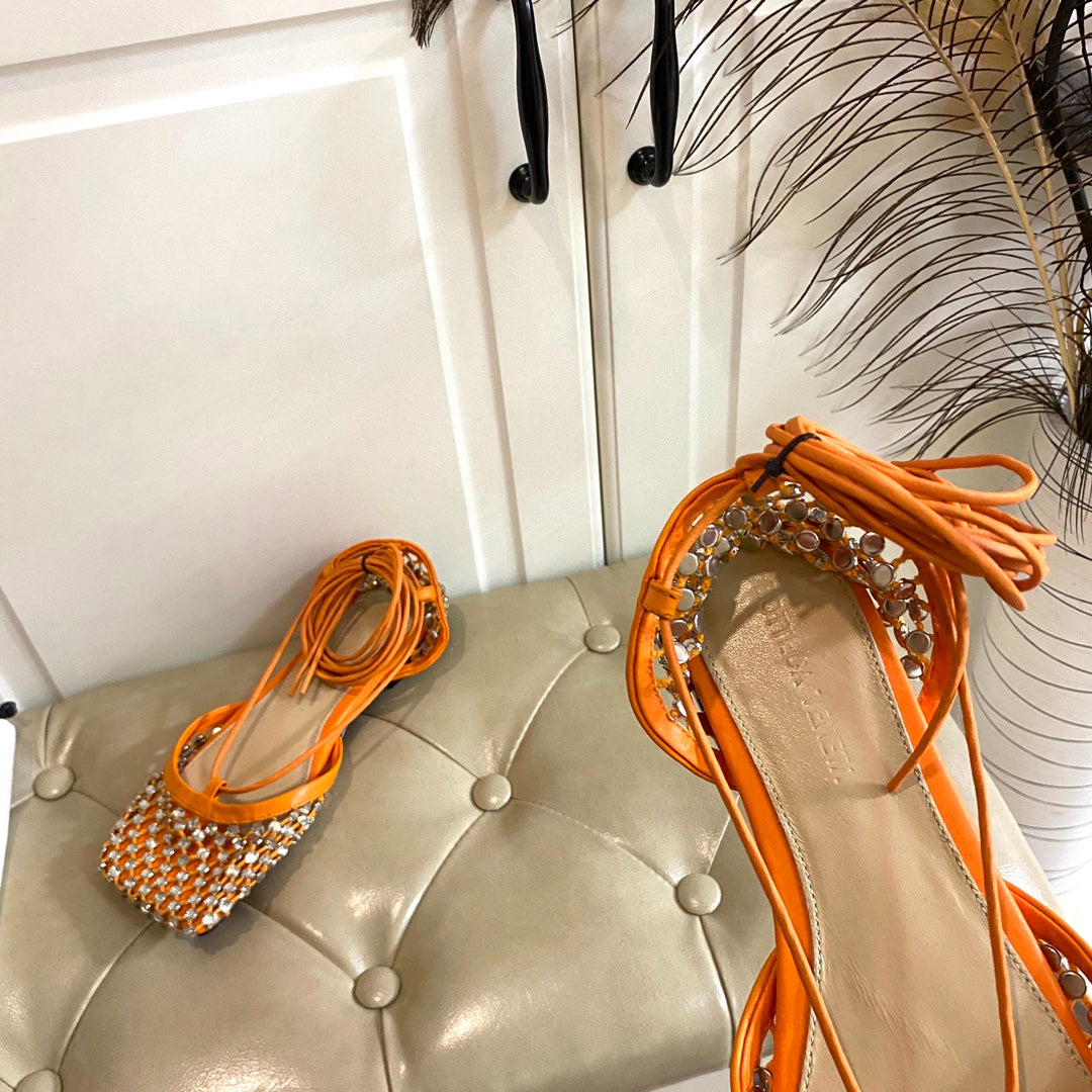 LACE-UP FLAT SANDAL IN VIVID ORANGE METALLIZED MESH AND LEATHER WITH RHINSTONES - 35
