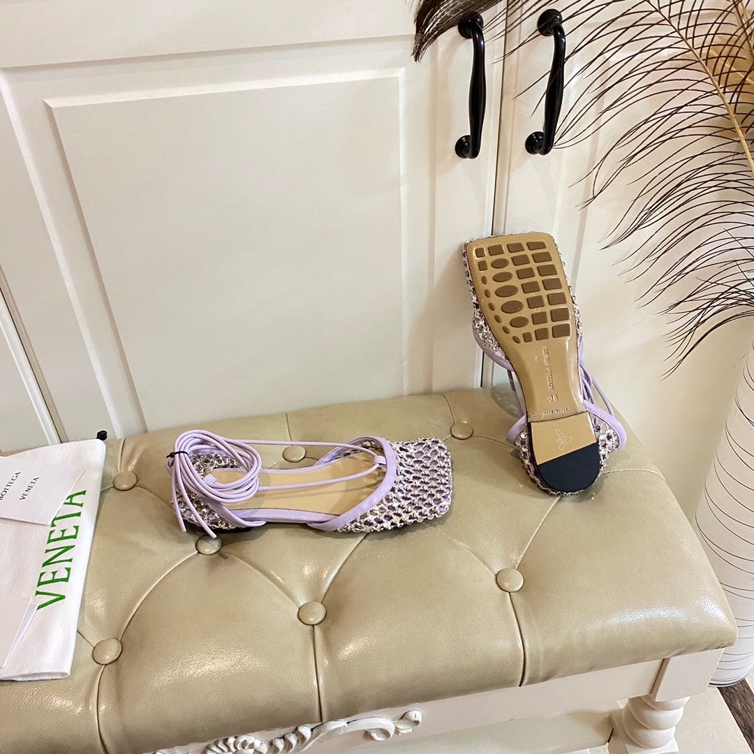 LACE-UP FLAT SANDAL IN LIGHT PURPLE METALLIZED MESH AND LEATHER WITH RHINSTONES - 35
