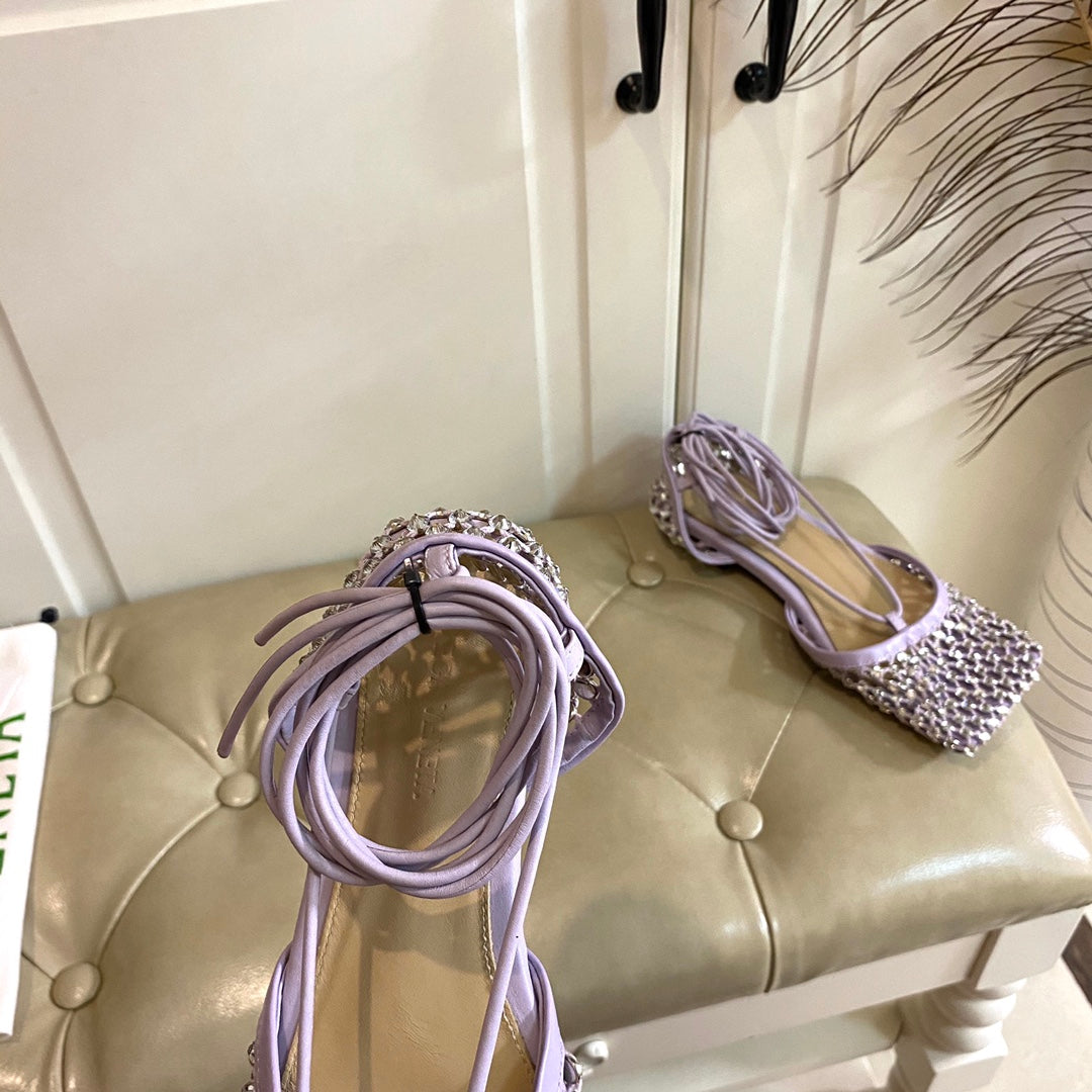 LACE-UP FLAT SANDAL IN LIGHT PURPLE METALLIZED MESH AND LEATHER WITH RHINSTONES - 35