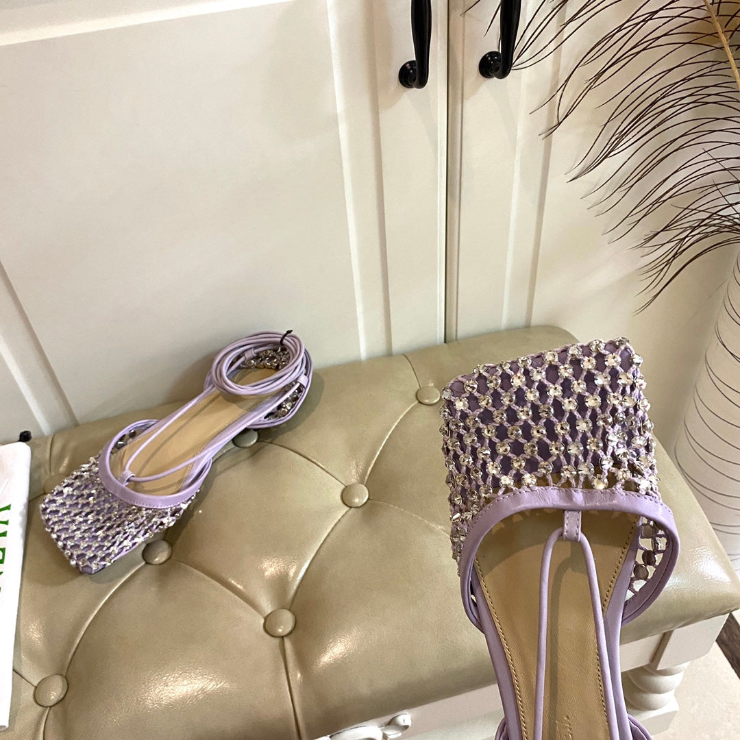 LACE-UP FLAT SANDAL IN LIGHT PURPLE METALLIZED MESH AND LEATHER WITH RHINSTONES - 35