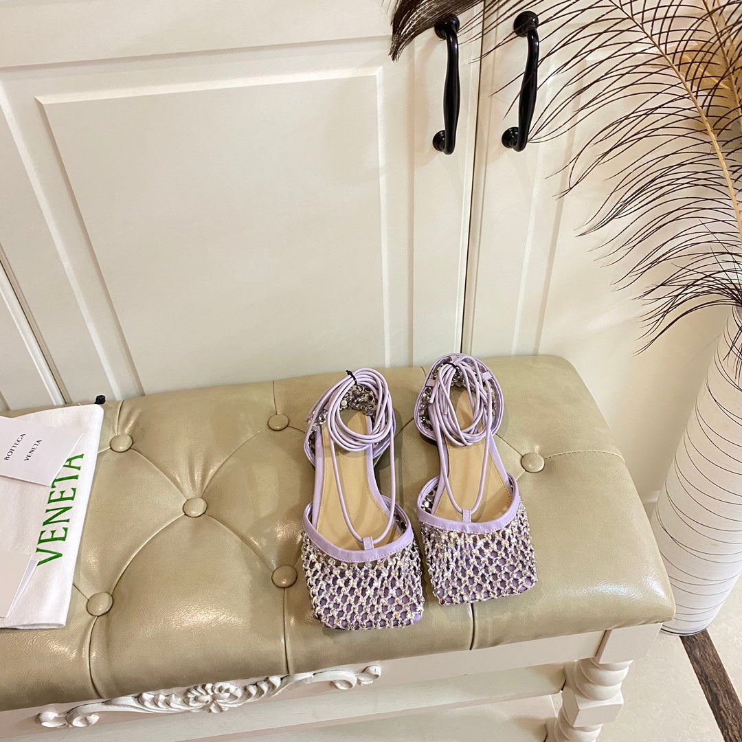 LACE-UP FLAT SANDAL IN LIGHT PURPLE METALLIZED MESH AND LEATHER WITH RHINSTONES - 35