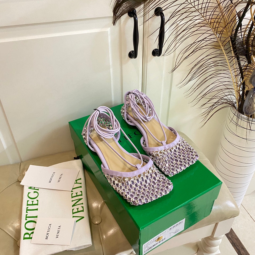 LACE-UP FLAT SANDAL IN LIGHT PURPLE METALLIZED MESH AND LEATHER WITH RHINSTONES - 35