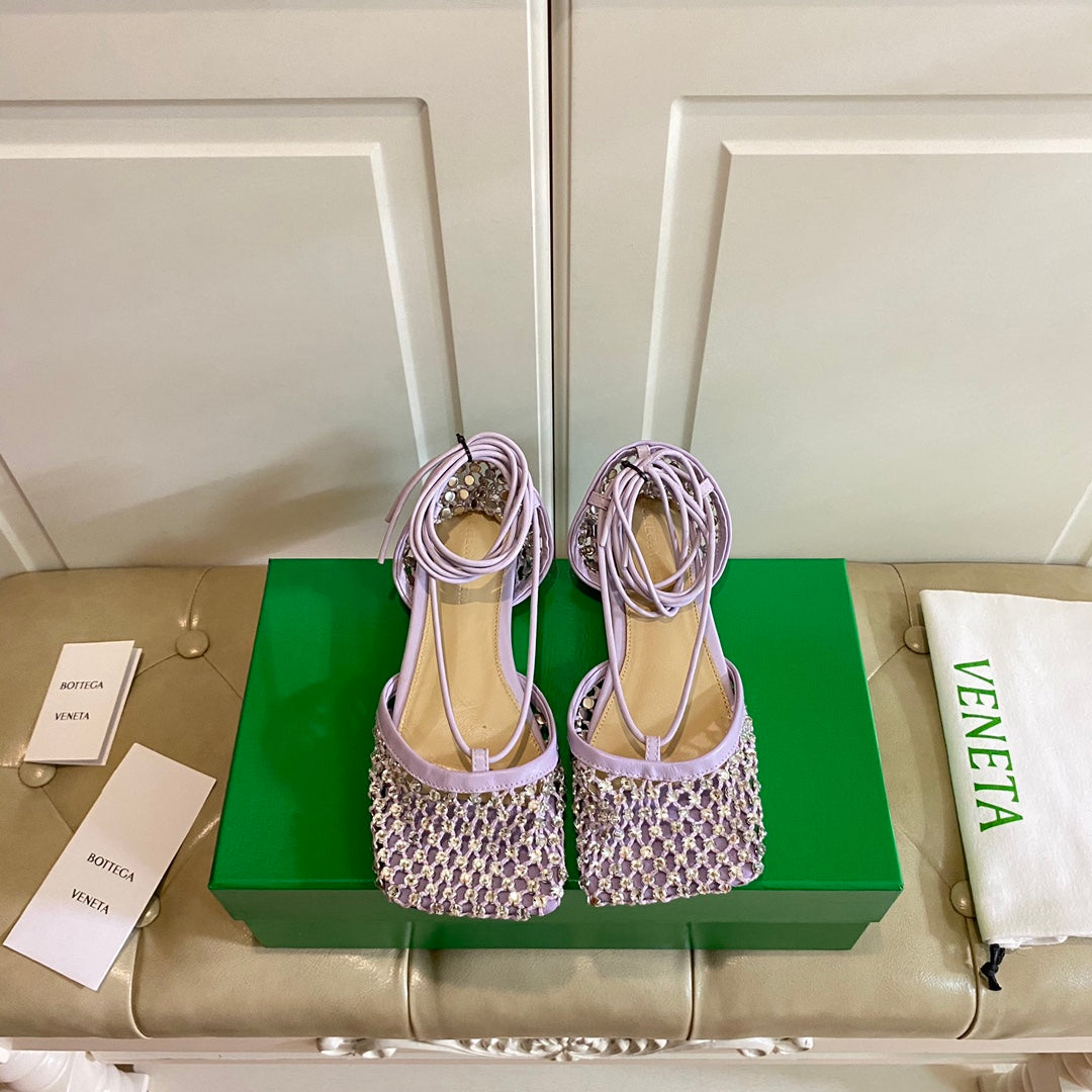 LACE-UP FLAT SANDAL IN LIGHT PURPLE METALLIZED MESH AND LEATHER WITH RHINSTONES - 35