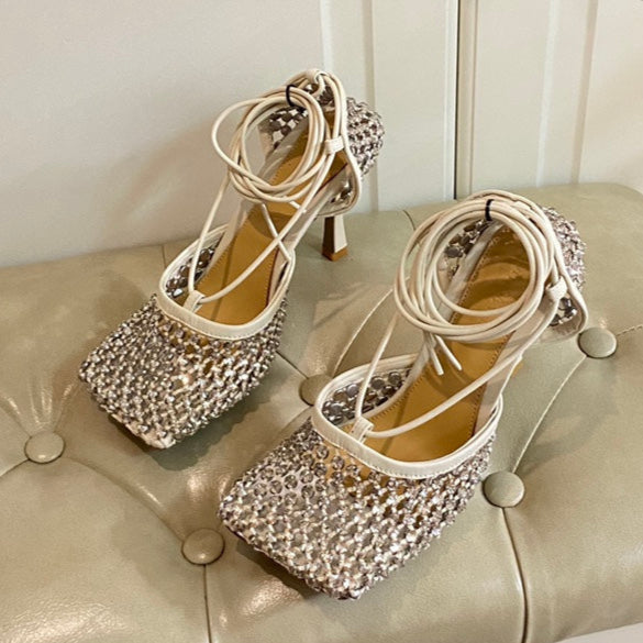 LACE-UP SANDAL IN WHITE CREAM METALLIZED MESH AND LEATHER WITH RHINSTONES 9 CM - 35