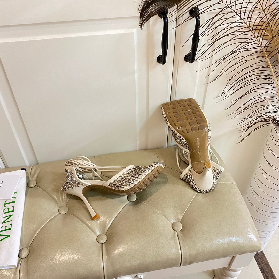 LACE-UP SANDAL IN WHITE CREAM METALLIZED MESH AND LEATHER WITH RHINSTONES 9 CM - 35