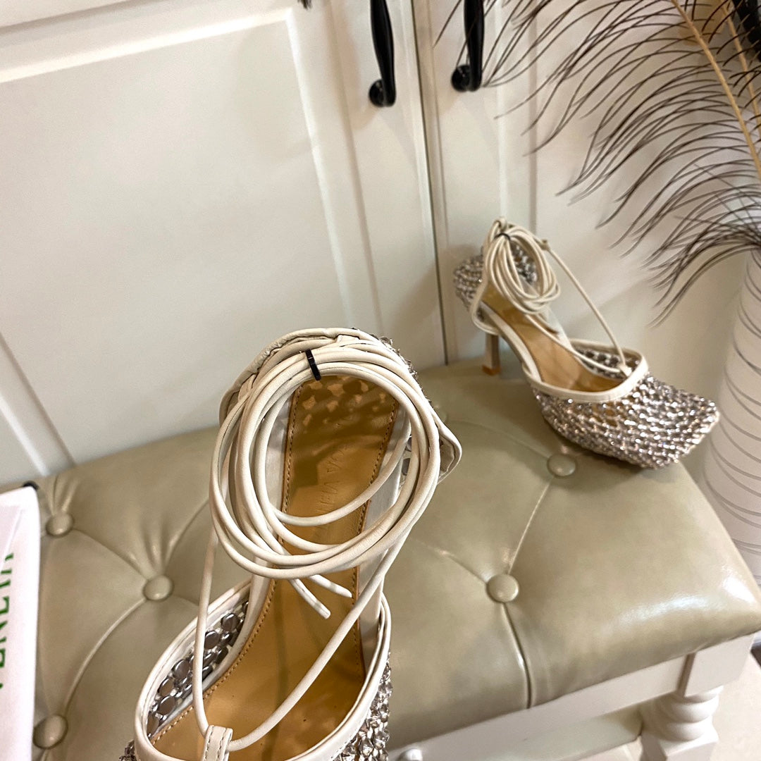 LACE-UP SANDAL IN WHITE CREAM METALLIZED MESH AND LEATHER WITH RHINSTONES 9 CM - 35