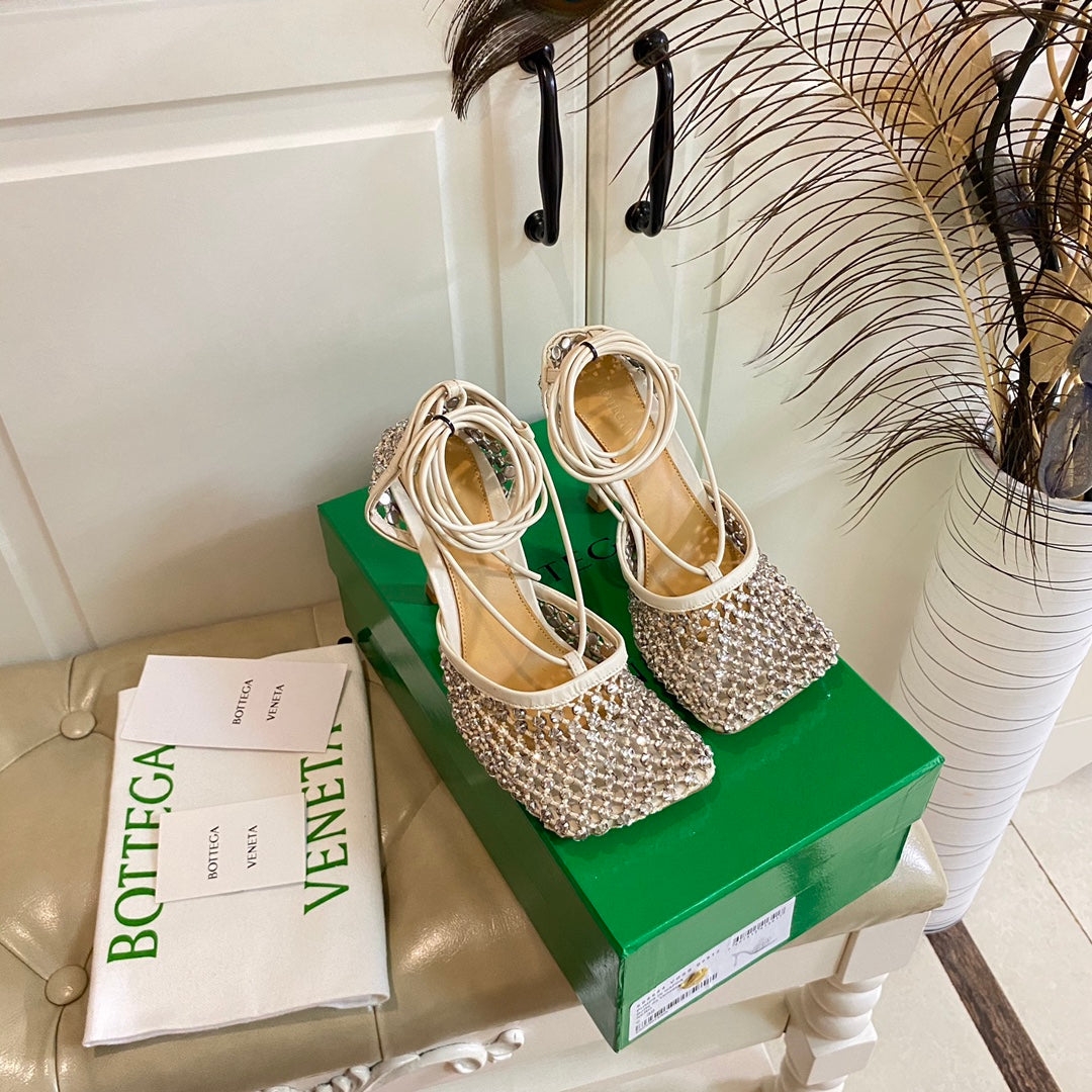 LACE-UP SANDAL IN WHITE CREAM METALLIZED MESH AND LEATHER WITH RHINSTONES 9 CM - 35