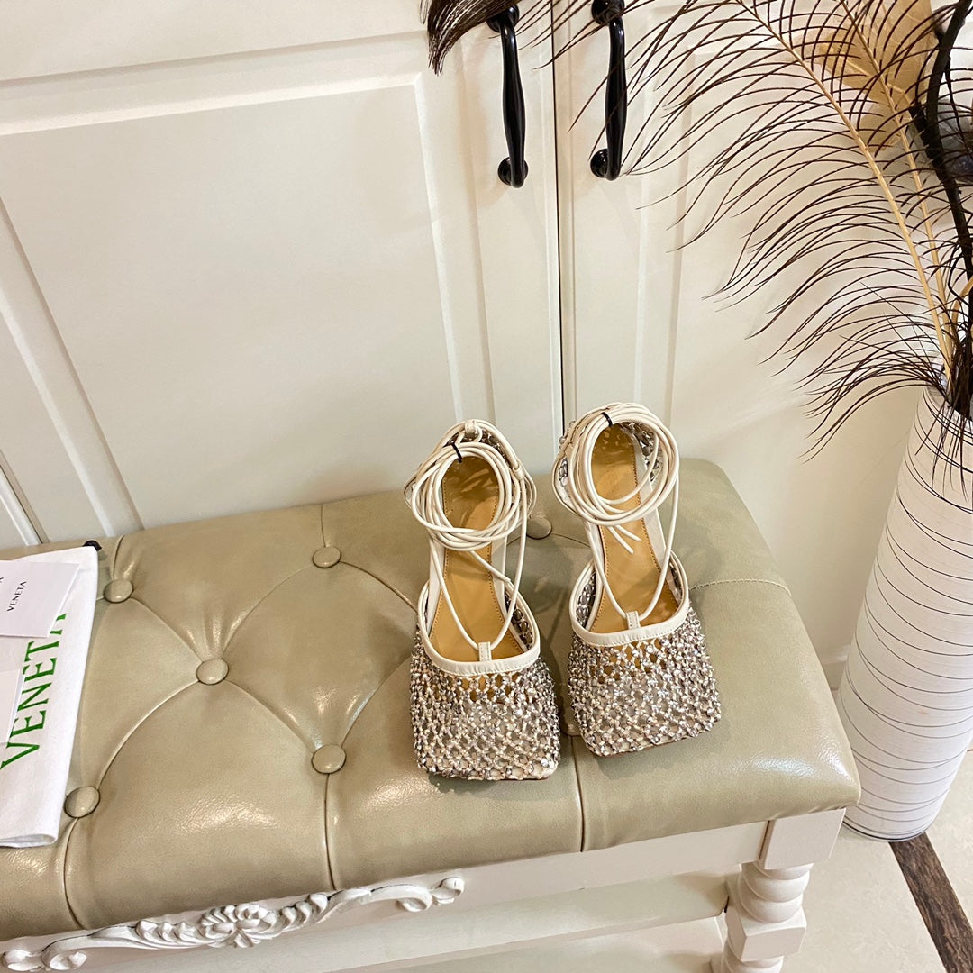 LACE-UP SANDAL IN WHITE CREAM METALLIZED MESH AND LEATHER WITH RHINSTONES 9 CM - 35