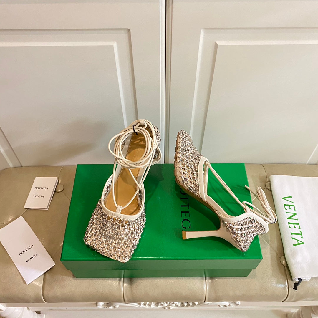 LACE-UP SANDAL IN WHITE CREAM METALLIZED MESH AND LEATHER WITH RHINSTONES 9 CM - 35