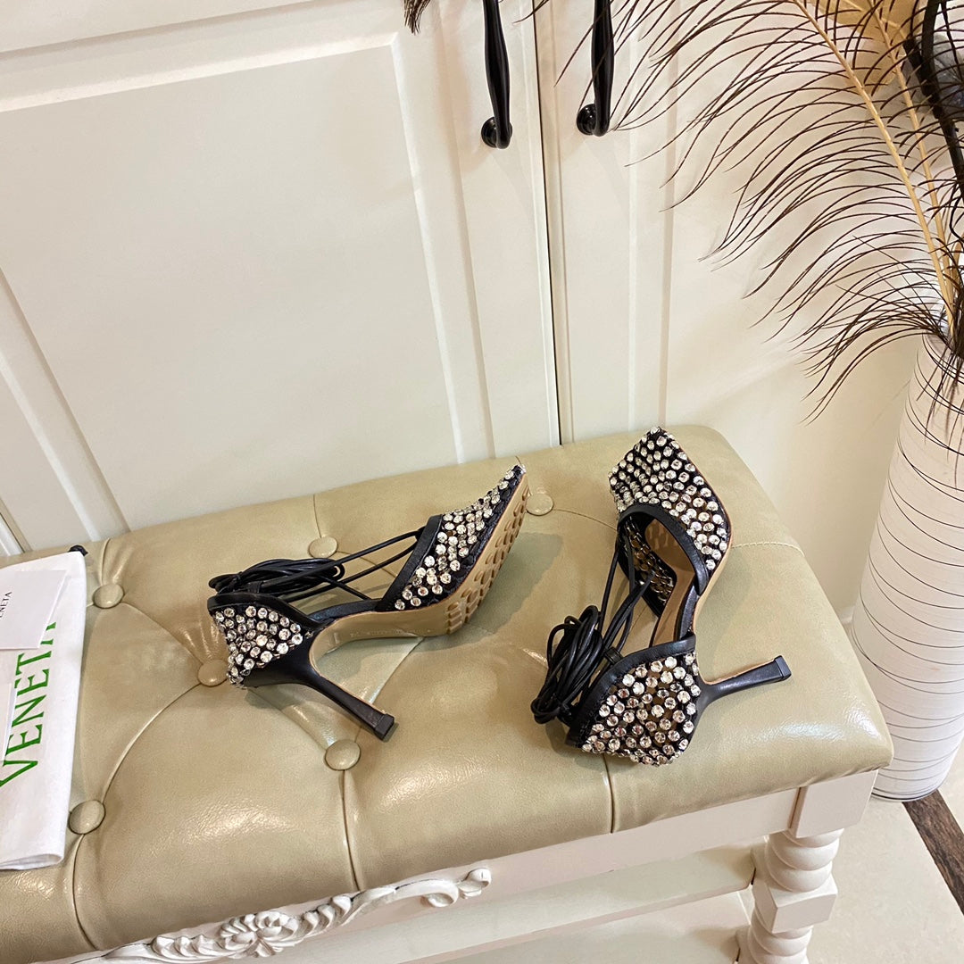LACE-UP SANDAL IN BLACK METALLIZED MESH AND LEATHER WITH RHINSTONES 9 CM - 35