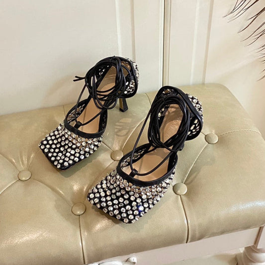 LACE-UP SANDAL IN BLACK METALLIZED MESH AND LEATHER WITH RHINSTONES 9 CM - 35