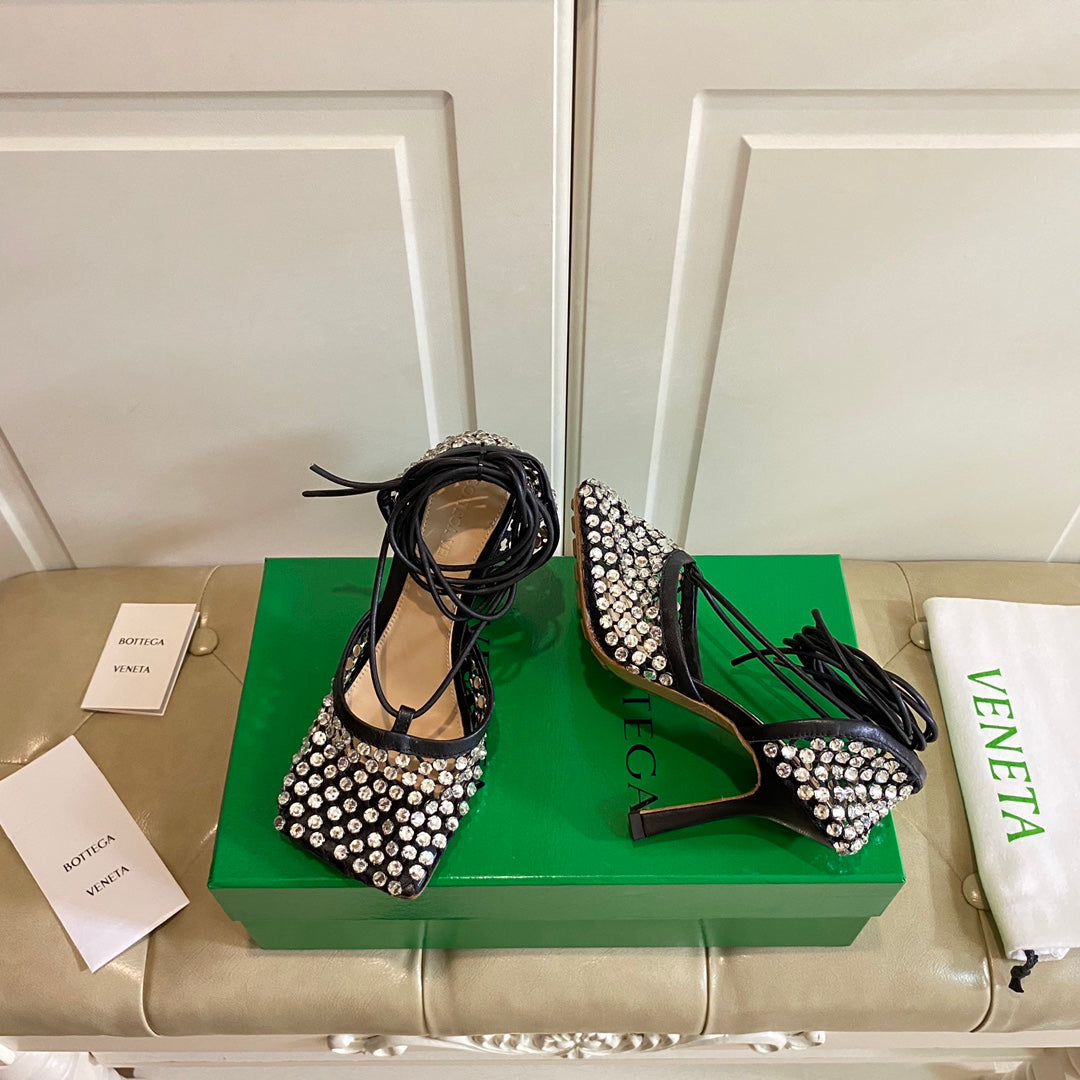 LACE-UP SANDAL IN BLACK METALLIZED MESH AND LEATHER WITH RHINSTONES 9 CM - 35