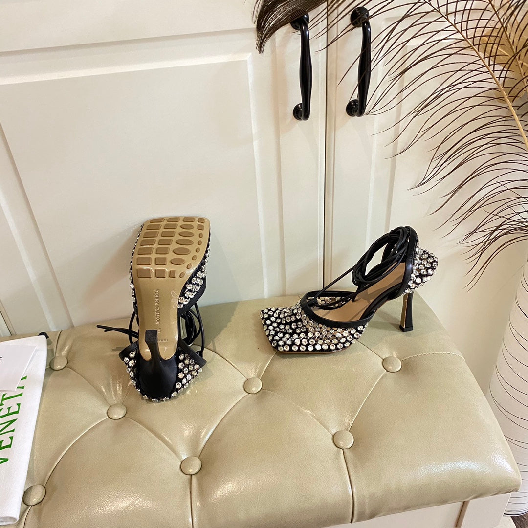 LACE-UP SANDAL IN BLACK METALLIZED MESH AND LEATHER WITH RHINSTONES 9 CM - 35