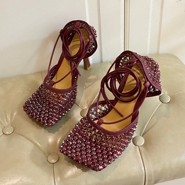 LACE-UP SANDAL IN SANGRIA RED METALLIZED MESH AND LEATHER WITH RHINSTONES 9 CM - 35