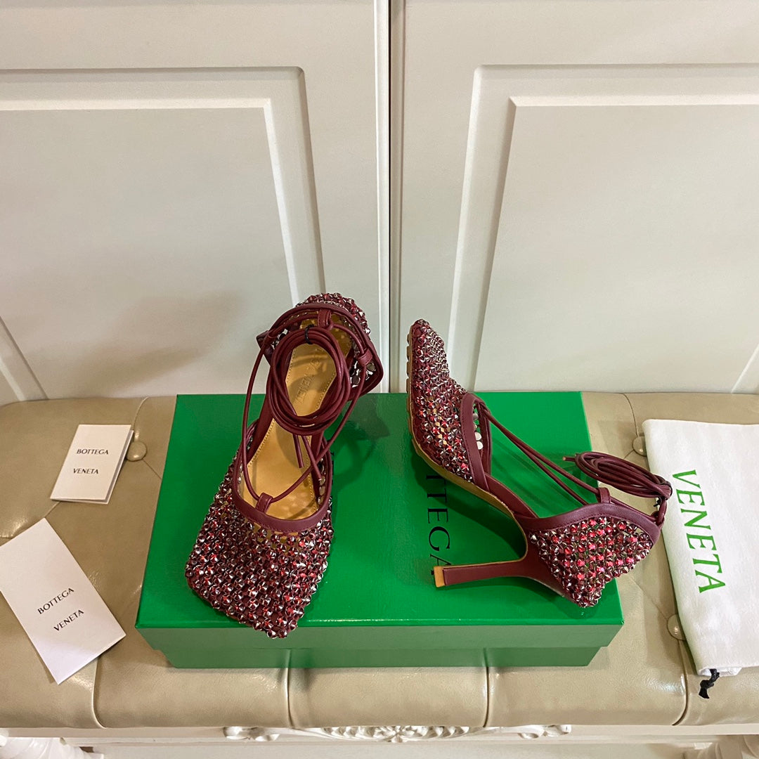 LACE-UP SANDAL IN SANGRIA RED METALLIZED MESH AND LEATHER WITH RHINSTONES 9 CM - 35