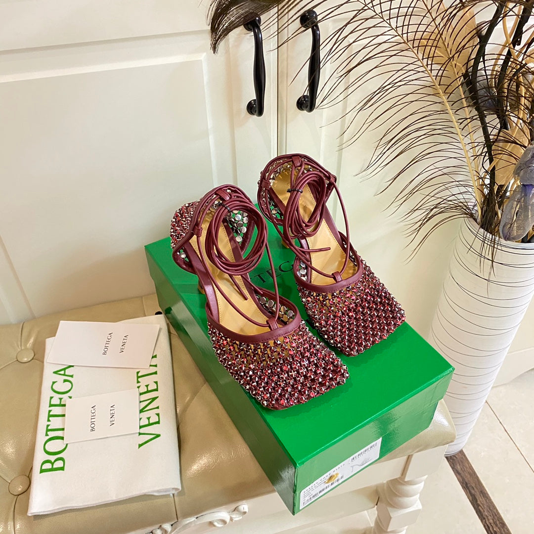 LACE-UP SANDAL IN SANGRIA RED METALLIZED MESH AND LEATHER WITH RHINSTONES 9 CM - 35