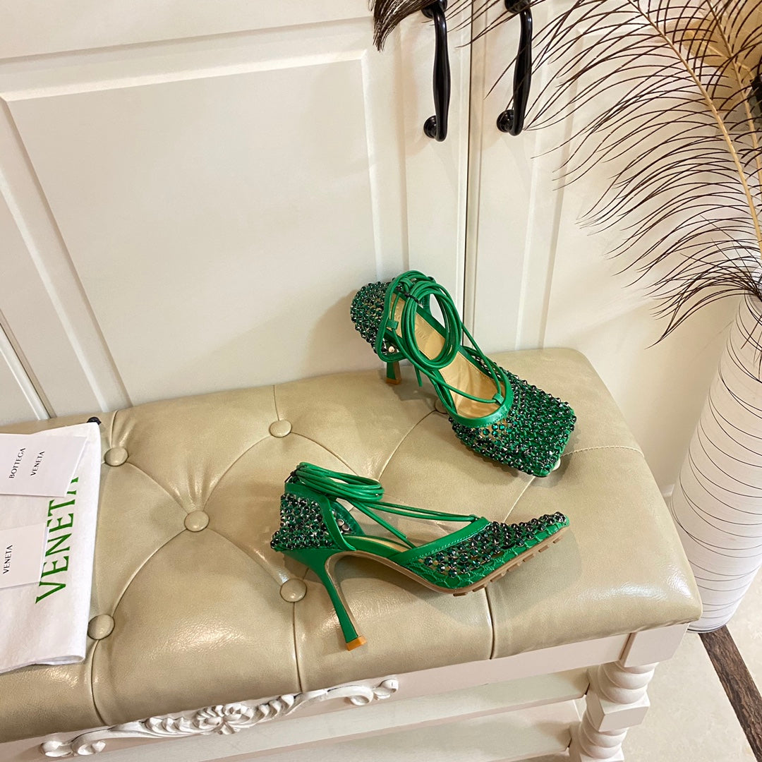 LACE-UP SANDAL IN COOL GREEN METALLIZED MESH AND LEATHER WITH RHINSTONES 9 CM - 35
