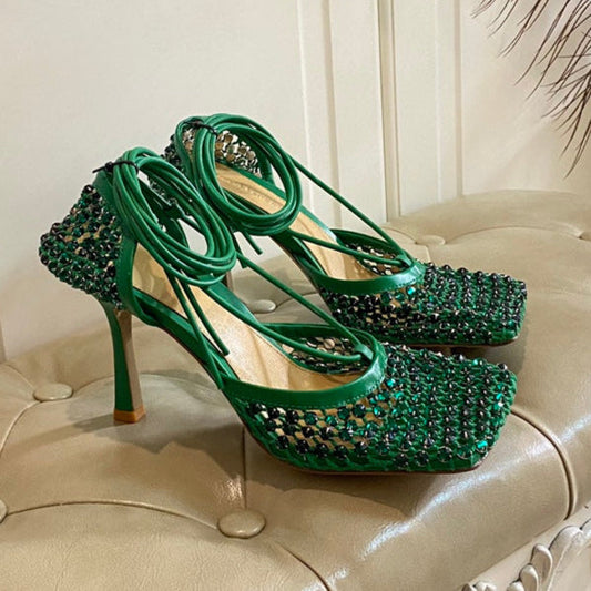LACE-UP SANDAL IN COOL GREEN METALLIZED MESH AND LEATHER WITH RHINSTONES 9 CM - 35