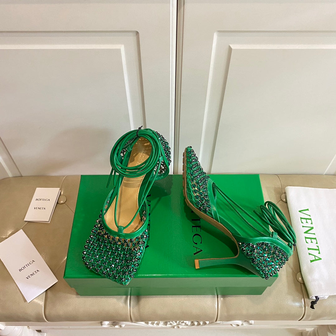 LACE-UP SANDAL IN COOL GREEN METALLIZED MESH AND LEATHER WITH RHINSTONES 9 CM - 35