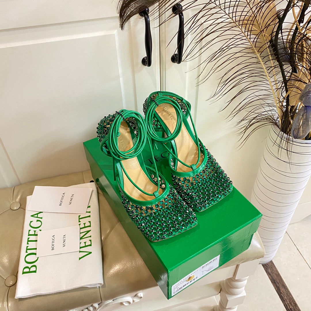 LACE-UP SANDAL IN COOL GREEN METALLIZED MESH AND LEATHER WITH RHINSTONES 9 CM - 35