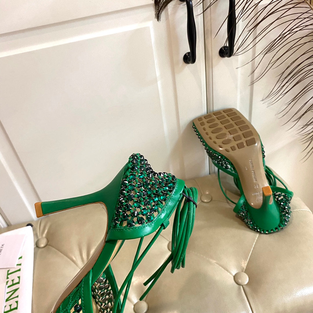 LACE-UP SANDAL IN COOL GREEN METALLIZED MESH AND LEATHER WITH RHINSTONES 9 CM - 35