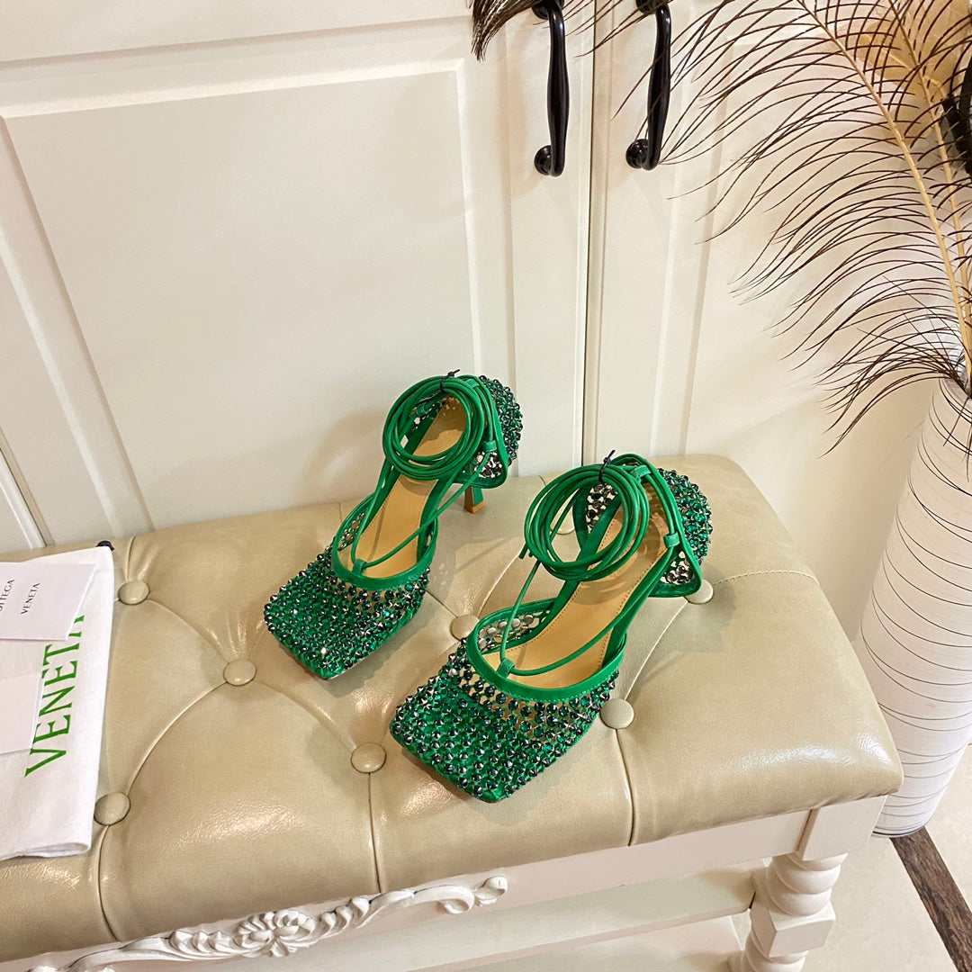 LACE-UP SANDAL IN COOL GREEN METALLIZED MESH AND LEATHER WITH RHINSTONES 9 CM - 35