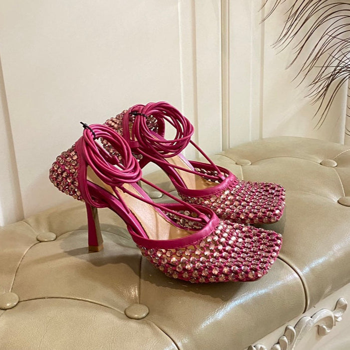 LACE-UP SANDAL IN PUNCH PINK METALLIZED MESH AND LEATHER WITH RHINSTONES 9 CM - 35