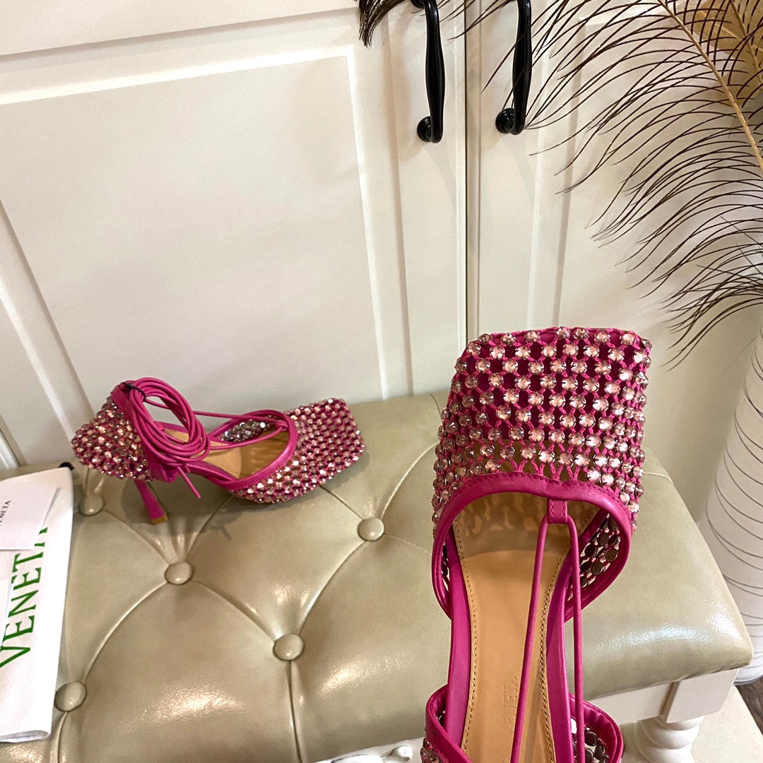 LACE-UP SANDAL IN PUNCH PINK METALLIZED MESH AND LEATHER WITH RHINSTONES 9 CM - 35