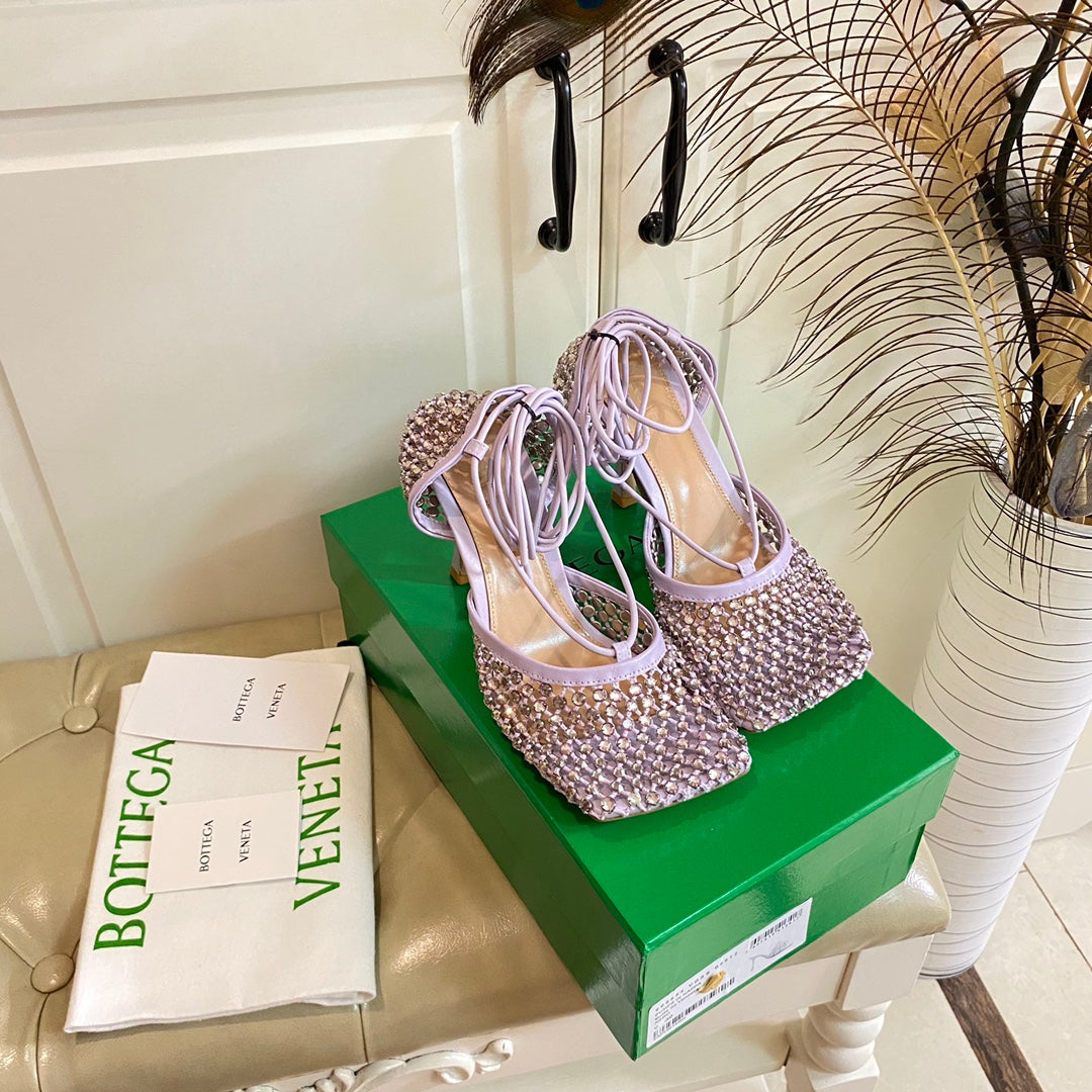 LACE-UP SANDAL IN LIGHT PURPLE METALLIZED MESH AND LEATHER WITH RHINSTONES 9 CM - 35